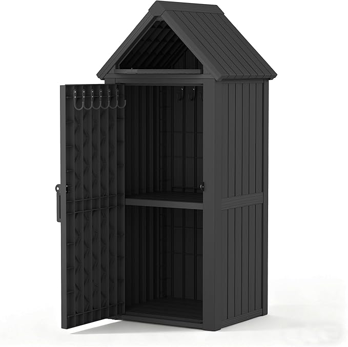 Outdoor Storage Shed - Waterproof Resin Outdoor Storage Cabinet with Removable Shelves & 12 Hooks, Lockable All-Weather Storage for Garden Tools, Grilling Supplies, Classic Black