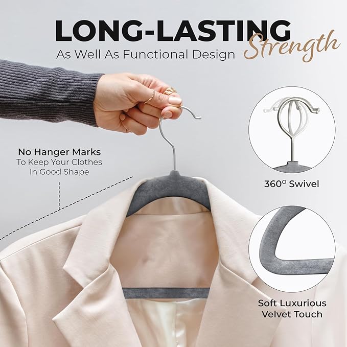 200 Pack Velvet Hanger for Shirt Pants Dresses Skirts Suits Jackets - Slim Space Saving Design - Standard Coat Hanger - Sturdy & Durable Design with Shoulder Grooves Hook