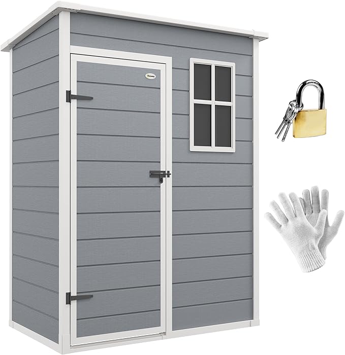 Outsunny 5' x 3' Outdoor Storage Shed, Waterproof Resin Plastic Shed with Floor, Window, Lockable Door and Vents, All-Weather Garden Tool Shed for Backyard, Patio, Lawn, Gray