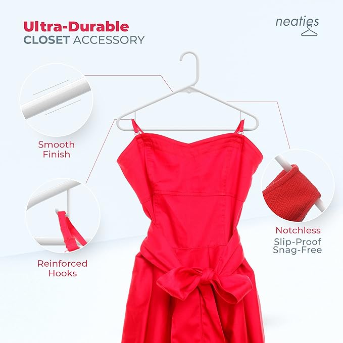 Neaties Plastic Hangers 30 Pack – Made in The USA – 6lb Capacity Standard Clothes Hangers with Strap Hooks for Dresses, Lingerie, Shirts, Pants, and Jackets – Gray