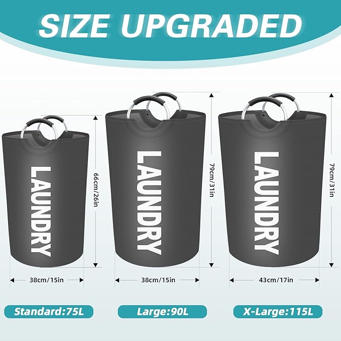 StorageRight 90L Large Laundry Basket, Laundry Hamper, Dirty Clothes Hamper for Laundry, Collapsible, Waterproof Laundry Baskets with Foam Protected Aluminum Handles for Laundry, Dorm, Family (Grey)
