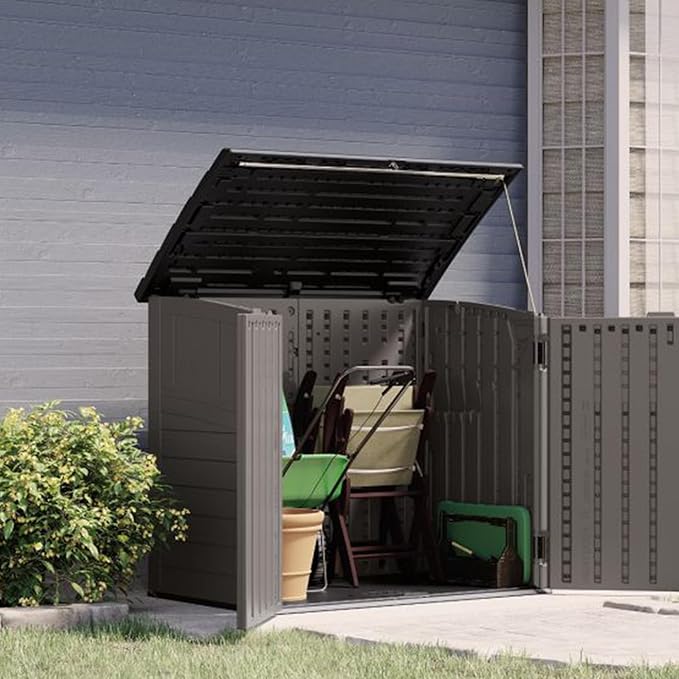 Suncast 34 Cu Ft Horizontal Resin Storage Shed - Outdoor Storage Shed with Floor Included, Lockable, Weatherproof, Fits Small to Medium Trash Cans, Generators, & Garden Tools, Stoney Black