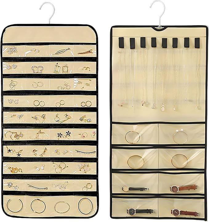 2 Pack Jewelry Hanging Organizer 48 Pocket with Hanger Hook, Double Sided Hanging Wall Jewelry Holder for Closet, Over Door Necklace Earring Storage Roll Bag for Women Ring Bracelet, Beige