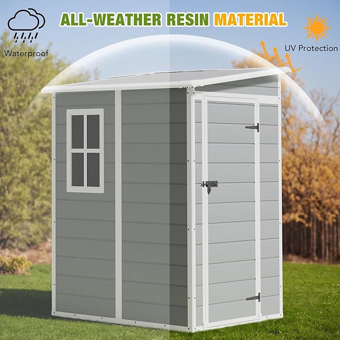 Greesum 5x4FT Plastic Outdoor Storage Shed, Resin Shed with Floor and Window, Tool Sheds with Lockable Door and Vent, for Garden, Garage, Lawn, Light Gray