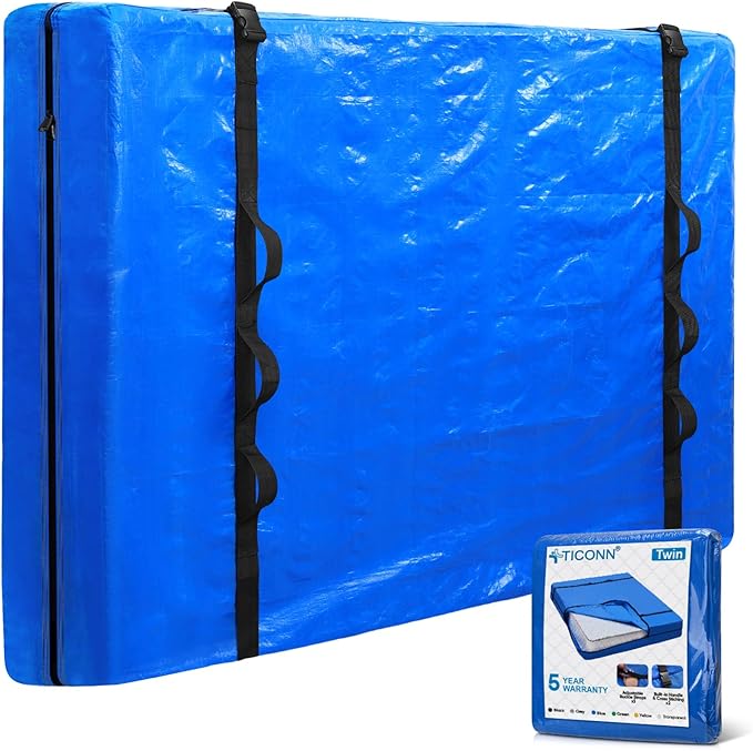 TICONN Mattress Bags for Moving, Heavy Duty Twin Mattress Cover Storage Bag with Full-Around Handle and Adjustable Buckles (Blue, Twin)