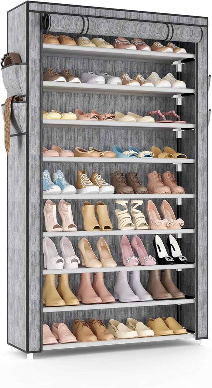 Shoe Rack with Cover Narrow Shoe Organizer with Pockets 10 Tier Tall Shoe Storage Holds 36-41 Pairs Shoes and Boots Shoe Rack for Closet Entryway Garage, Printing