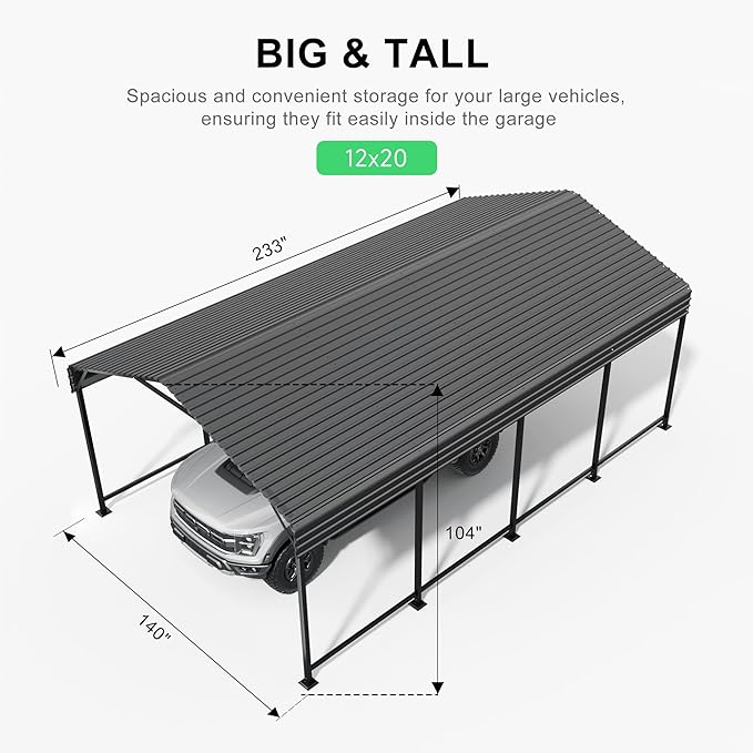 12x20 Heavy-Duty Metal Carport, Outdoor Galvanized Steel Shelter for Pickup Trucks, Motorcycles, Boats, Cars & Tractors