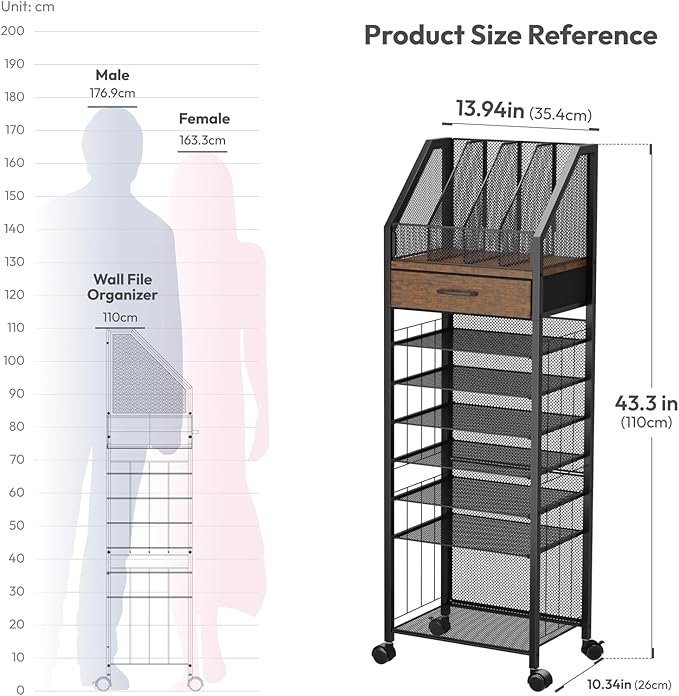 SWTYMIKI 9-Tier Rolling File Cart - Paper Organizer with Drawer and Trays, Wood Desk Office Organizer, Office Organization and Binder Storage for Workspace, Home, School, Espresso
