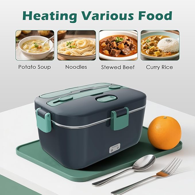 Electric-Lunch-Box-Heated-Food-Warmer 100W Heating Lunchbox for Adults 1.8L Portable Food Heater for Work/Car, 12V/24V/110-230V Lonchera Eléctrica Portátil with Fork Spoon (Gray+Green)
