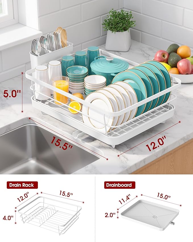 Stainless Steel Dish Drying Rack for Kitchen Counter, Sink Organization and Storage Essentials with Silverware & Utensil Holder, Home and Apartment Decor, 12''W x 15.5''L, White