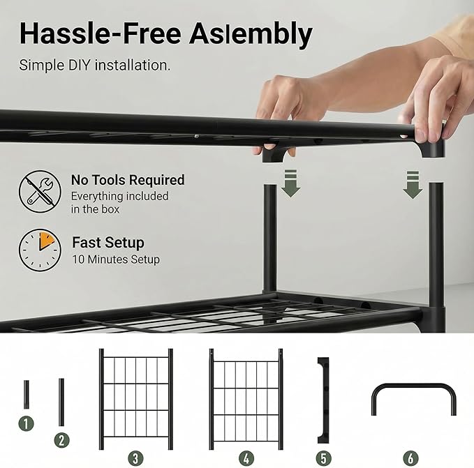 5-Tier Shoe Rack Organlzer, Rustproof lron, Spaclous Shoe Storage Shelf for Closet or Entryway, Fits Sneakers & Slippers, Black