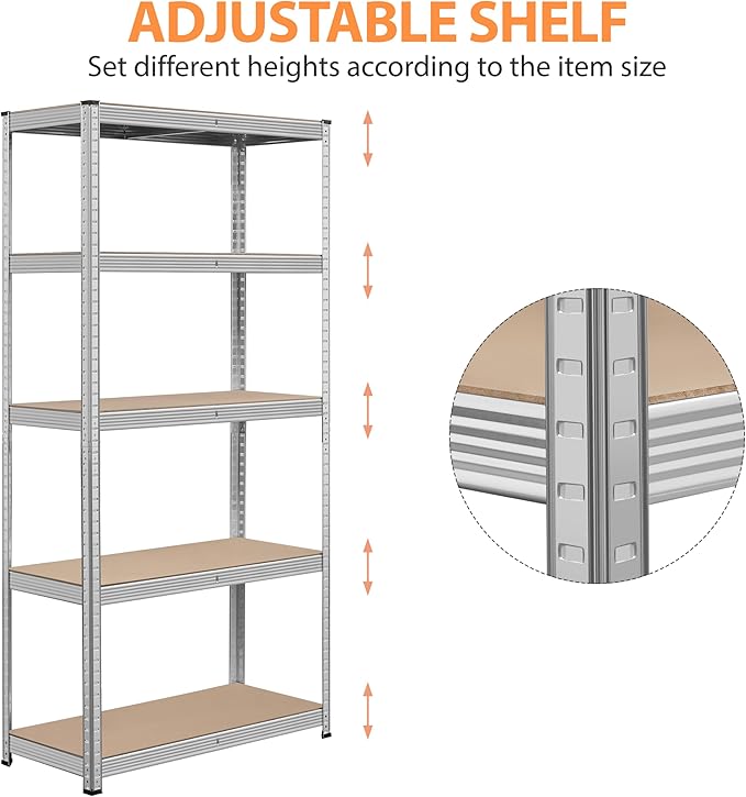 Topeakmart 5-Tier Utility Shelves, Metal Storage Shelves Unit Adjustable Garage Storage Racks Heavy Duty Shed Shelving- Silver, 35.5 x 16 x 71 Inch