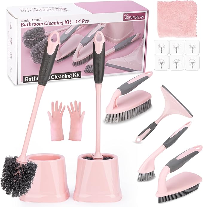 Toilet Brush, 2 Pack Toilet Scrubber Brush and Holder Set Bathroom Accessories, 14 Pcs Bathroom Cleaning Kit, Pink Toilet Bowl Brush and Holder with 5 Brush for Bathroom Bathtub Washbasin