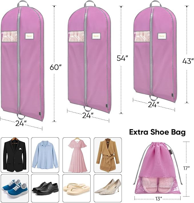 BALEINE 5PK Heavy Duty Garment Bag with Shoe Storage Travel Bag for Dresses, Suit, Coats Travel Essential (43", Pink)