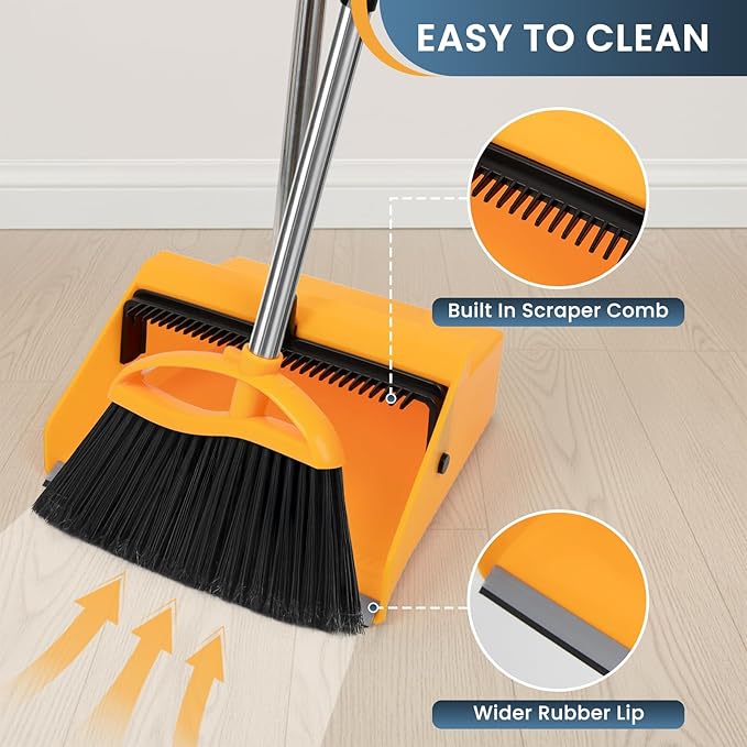 Commercial Broom and Dustpan Set，Long Handle Upright Heavy Duty Dust Pan Outdoor Indoor for Courtyards, Garages, Lobbies, Shopping Malls, Market Floors, Sidewalks, Classroom Floor Cleaning
