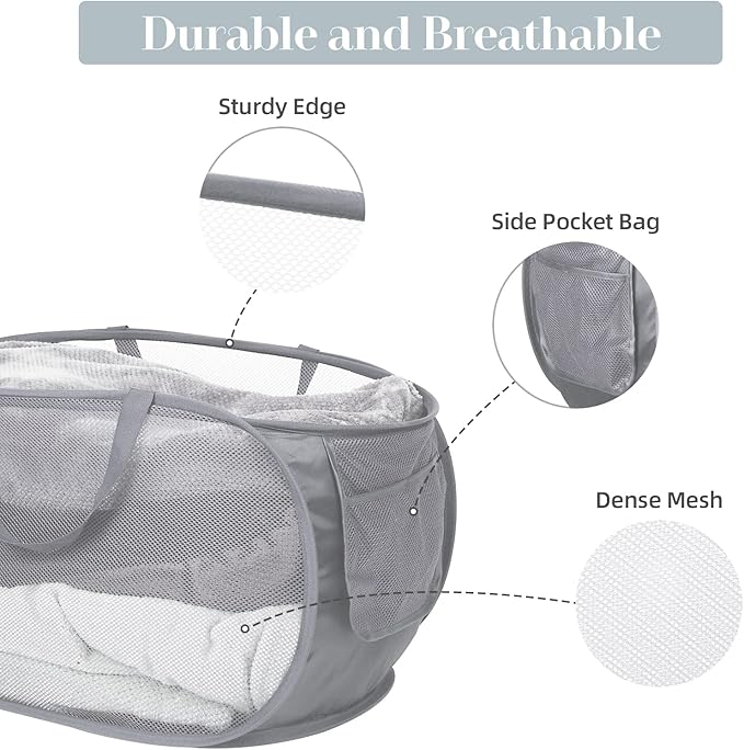 4 Pack Durable Collapsible Laundry Baskets, Mesh Foldable Laundry Basket, Pop Up Laundry Hamper with Pocket, Clothes Hamper with Reinforced Handles for Laundry, Bathroom, Kids Room, Dorm or Travel