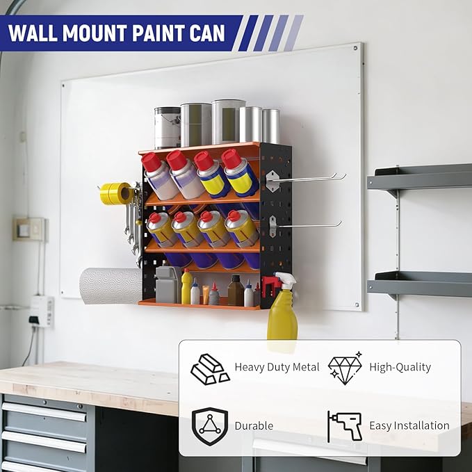 Wall Mount Spray Can Holder, Aerosol Spray Bottle Holder Storage Rack, Heavy-Duty Paint Bottle Organizer with 8 Can Holes & 4 Steel Hooks, 4 Plastic Hooks for Garage, Shop, Home or Tool Trailer