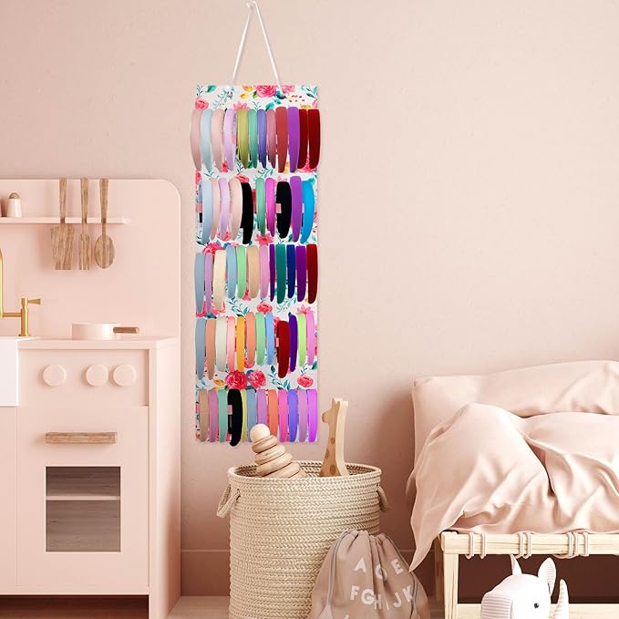 Tudomro Hanging Headband Holder for Girls Felt Hair Accessories Organizer with 60 Elastic Bands Bow Hanger for Girls Hair Bows Without Headbands(Floral,Pink, Green)