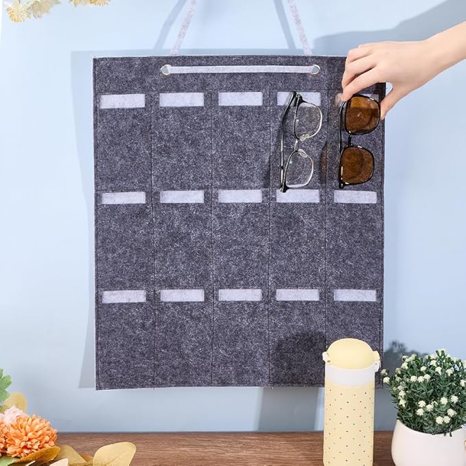CREATCABIN Wall Hanging Sunglasses Bag Grey Wall Mounted Dust Proof Sunglasses Storage Bag Protable Foldable Jewelry Organizer with 15 Slots for Makeup Room Bussiness Travel Carrying 5.7x3in