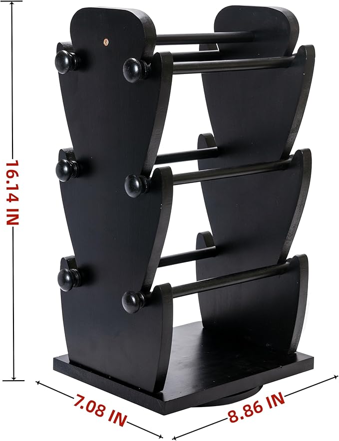 Two-Sided Rotating Wooden Jewelry Bracelet Holder Display Stand with 6 Removable Holders - 3 Tier Bar Bangle Organizer Perfect for Organizing and Showcasing Bracelets, Watches, and Accessories-Black