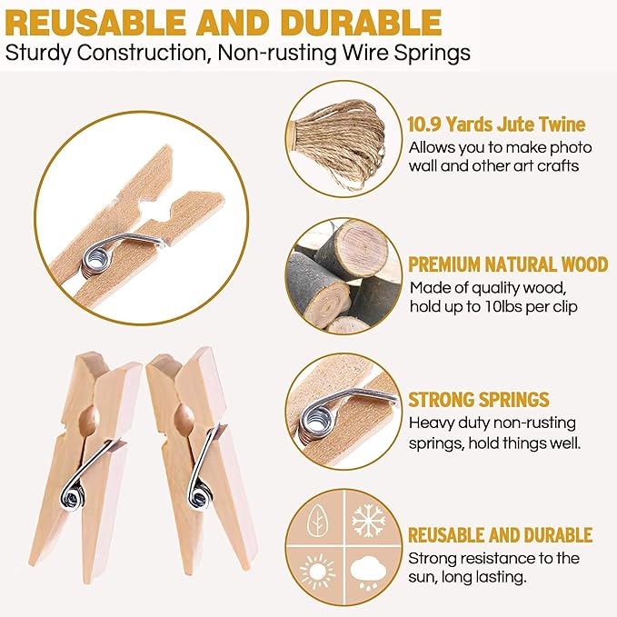 Sturdy Mini Clothes Pins for Photo, 150 Pcs 1 Inch Natural Wooden Clothespins with 33 FT Jute Twine, Small Clips for Crafts Display, Baby Shower Game, Hanging Decorative Pictures, Cocktail, Weddings