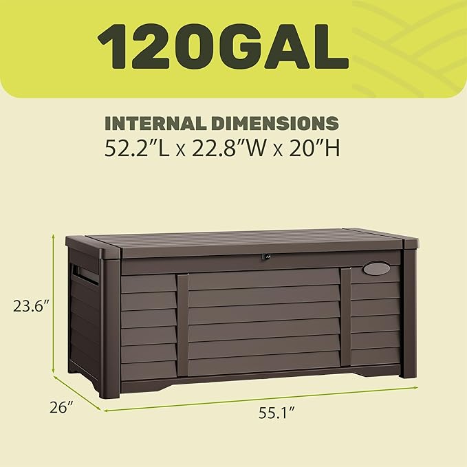YITAHOME 150 Gallon Large Outdoor Storage Deck Box, Waterproof Cushion Storage Bench with Lockable Lid for Patio, Pool Supplies, Garden Tools, Resin, Dark Brown