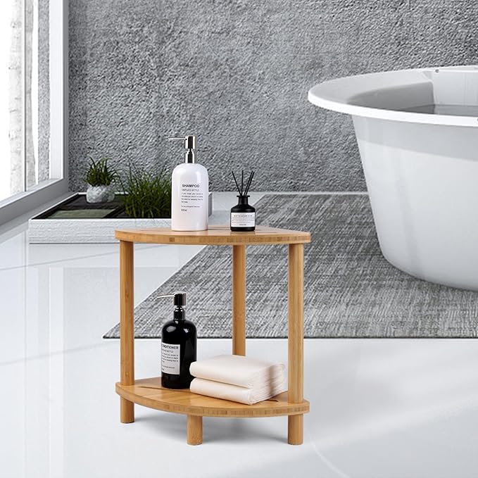 Upgraded Bamboo Corner Shower Stool for Inside Shower Waterproof,2-Tier Shower Foot Rest with Storage Shelf,Corner Shower Shelf Bench Caddy Shaving Leg,Bath Seat,Gifts for Women Mom