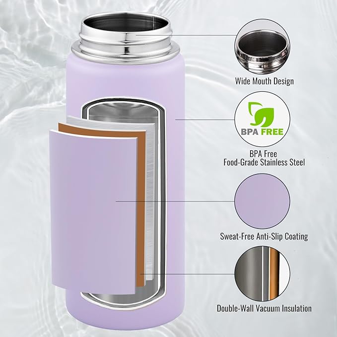 24 oz Insulated Water Bottle with Handle, 304 Stainless Steel Water Bottles with Wide Mouth, Double Wall Vacuum Sports Water Bottle, BPA Free, Keep Cold and Hot, Purple