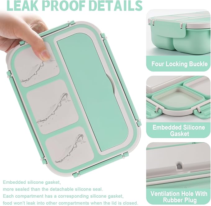 Bento Box Adult Lunch Box, Lunch Containers for Kids Girls Boys with 4 Compartments, Lunchable Food Container with Utensils, Sauce Jar, Muffin Liners, 40 Oz/5 Cup, Seafoam Green