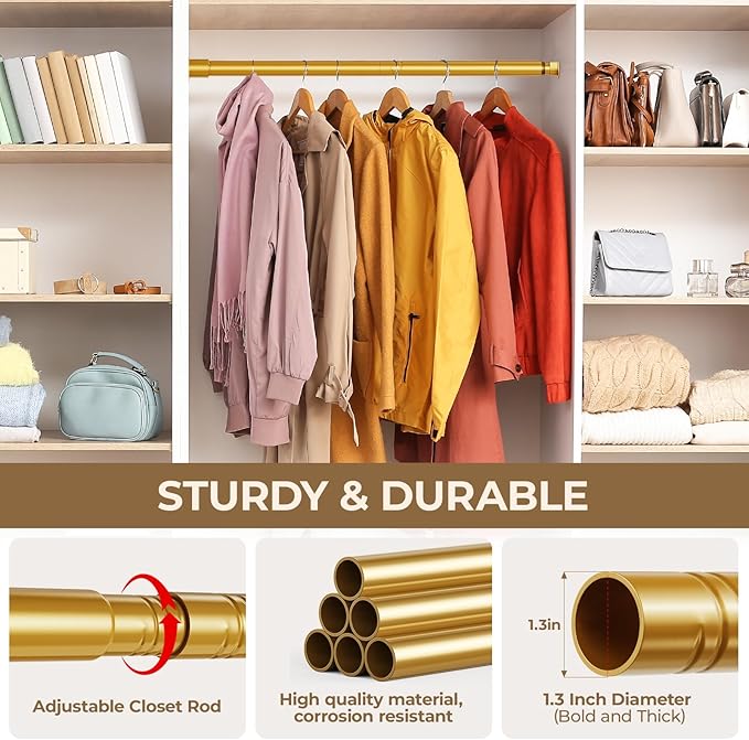 Mavivegue Closet Rod, 17 to 84 Inch Gold Adjustable Closet Rods for Hanging Clothes, Hanging Rod for Closet Wardrobes Laundry RV, Bathroom