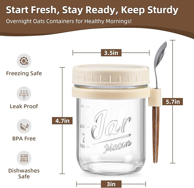LANDNEOO 4 Pack Overnight Oats Containers with Lids and Spoons, 16 oz Glass Mason Jars with Airtight Lids, Overnight Oats Jars for Milk, Cereal, Fruit-Beige