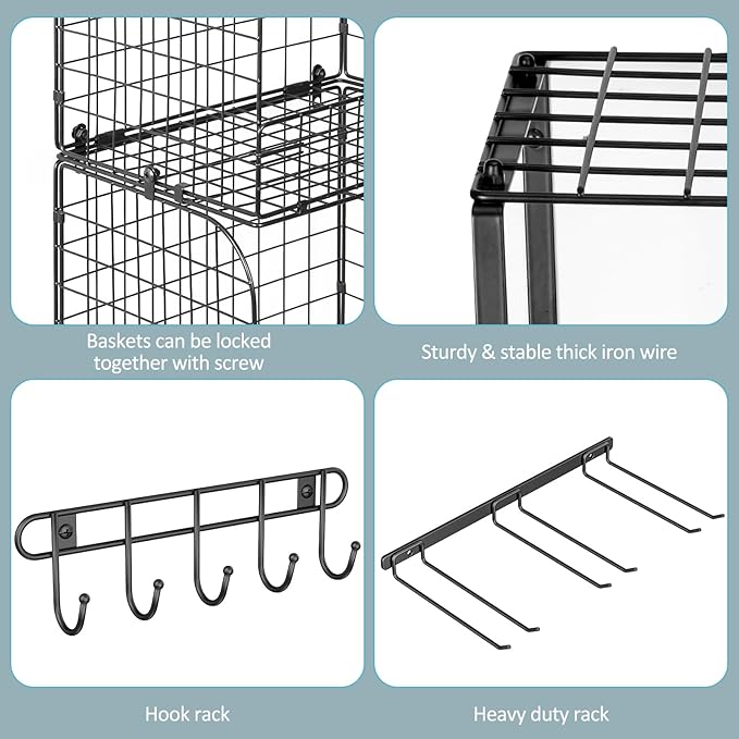Garage Shelf Wall Mounted with Wire baskets, Heavy Duty Garage Wall Shelving with Garden Tool Rack and Hooks, Wire Shelf Baskets Tool Organizer for Home Garden Yard Organization and Storage