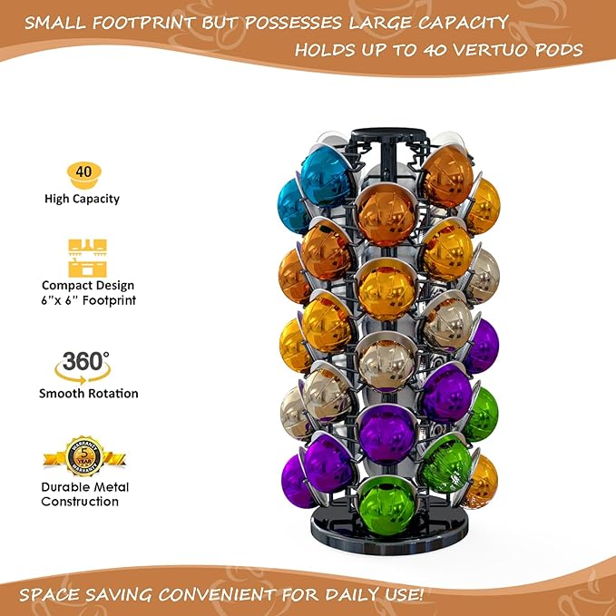 Coffee Pods Holder Organizer, 360 Degrees Revolving Pod Carousel Compatible for 40 Nespresso Vertuo Pods No Assembly Required Nespresso Pods Holder Tower Stand,Piano Black