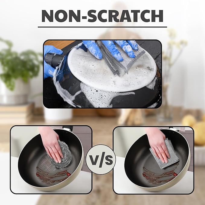 CrafTreat Non Scratch Wire Dishwashing Rag, 10 Pack Double Layer Reusable Wire Dishcloth, Silver Mesh Metal Cleaning Cloth for Pots, Pans, Sink, Steel Cookware, Wet & Dry Cleaning