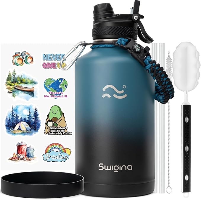 [2-IN-1 LID] 64 oz Insulated Water Bottle with Silicone Boot (48hrs Cold/24hrs Hot) - DIY Stickers, Leakproof, BPA Free, Half Gallon