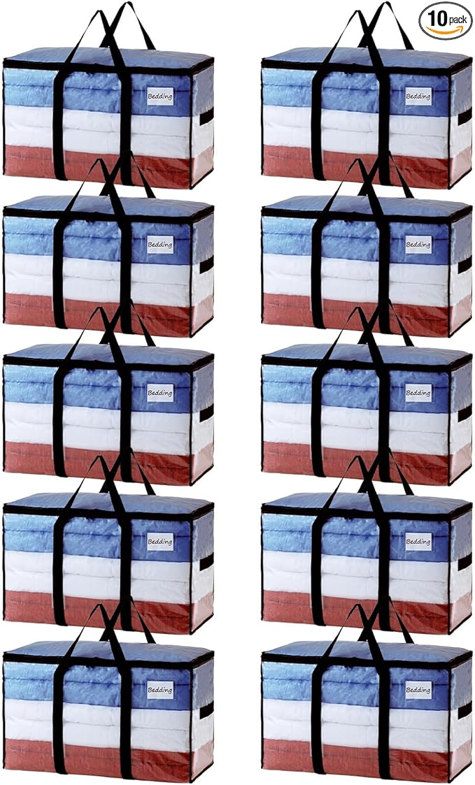 TAILI Extra Large Moving Bags, 10 Pack Clear Heavy Duty Totes for Storage with Visible Window, Wrap Around Handles, Storage Bags for Space Saving, Alternative to Moving Boxes