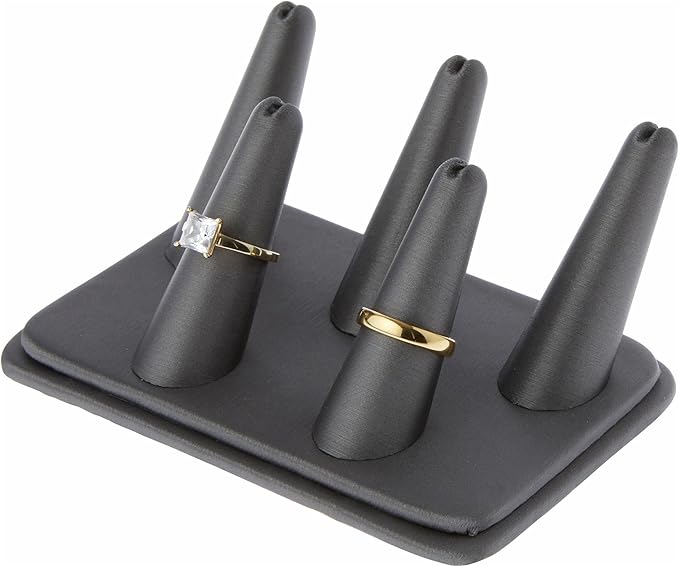 Plymor Gray Faux Leather Ring Finger Display, Five on Rectangular Base, 5.25" W x 3.625" D x 2.25" H (Pack of 12)