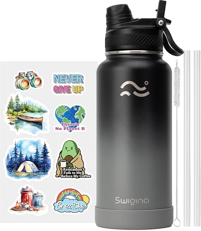 [2-IN-1 LID] Insulated Water Bottle with Silicone Boot (36hrs Cold/18hrs Hot) - DIY Stickers, Leakproof, BPA Free, 32 oz