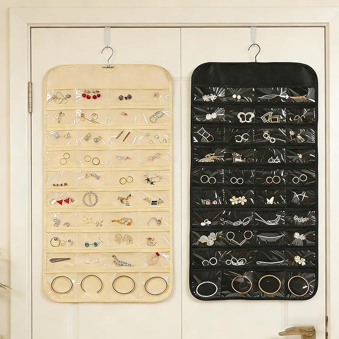 2PCS Hanging Jewelry Organizer with 160 Clear Pockets, 360° Swivel Hook for Double-Sided Jewelry Holder for Earrings, Necklaces, Rings on Closet, Wall, Door, (Black and beige)