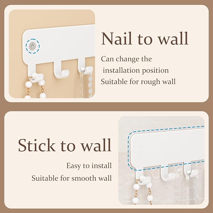 Drill-In Necklace Organizer: Sturdy Necklace Holder Wall Mounted with Hooks for Tangle-Free Jewelry Storage – Space-Saving Wall Necklace Hanger, White, 2 PCS