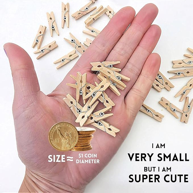 Mini Clothespins, Mini Clothes Pins for Photo Natural Wooden Small Picture Clips for Crafts 1 Inch 100 PCS Tiny Pegs Decorative Wood Clips for Wall Hanging Pictures