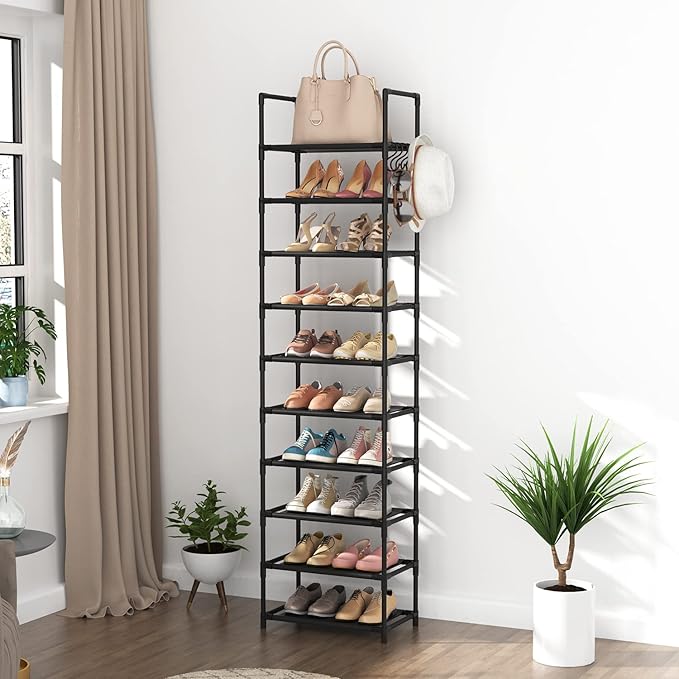 10 Tiers Tall Shoe Rack 20-25 Pairs Boots Organizer Storage Sturdy Narrow Shoe Shelf for Entryway, Closets with Hooks, Black