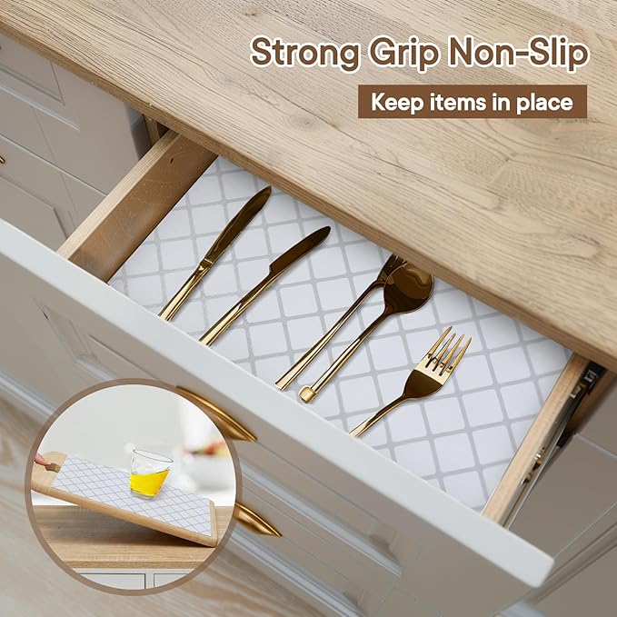 Shelf and Drawer Liner for Kitchen Cabinets Non-Adhesive, Strong Grip Non-Slip Thickened Cabinet Liners for Shelves, Waterproof Mats for Dresser Cupboard, Silver Stripe, 24 in x 20 Feet