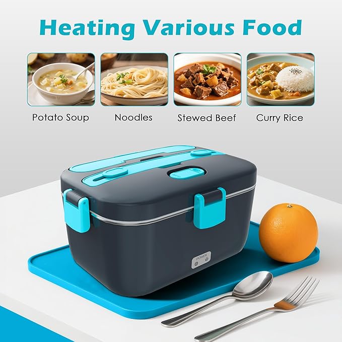 Electric-Lunch-Box-Heated-Food-Warmer 100W Heating Lunchbox for Adults 1.8L Portable Food Heater for Work/Car, 12V/24V/110-230V Lonchera Eléctrica Portátil with Fork Spoon (Gray+Blue)