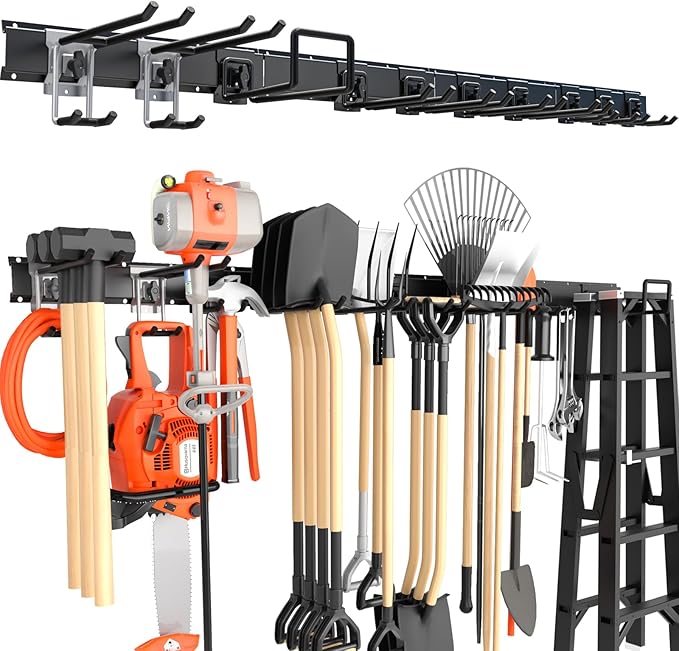 64'' Garage Tool Organizer Wall Mount, 620lbs Heavy Duty Metal Storage Rack | Adjustable Hooks Garden Tool Organization System | Anti-Rust Shed Rack for Hanging Shovel, Rake, Broom, Snowboard