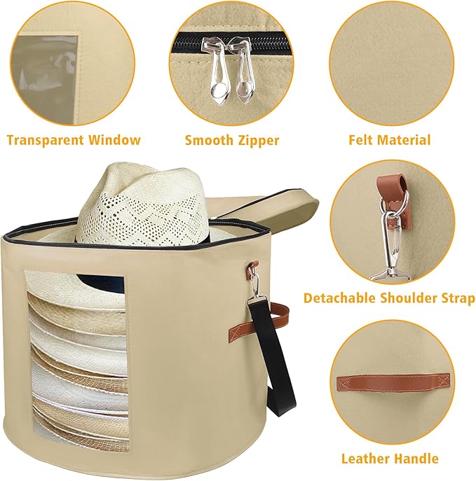 Large Hat Storage Box for Women & Men, 19" D x 17" H Oversized Hat Box Organizer，Foldable Round Travel Hat Boxes with Dustproof Lid, Stuffed Toy Storage Bin Bag (Milk Coffee)