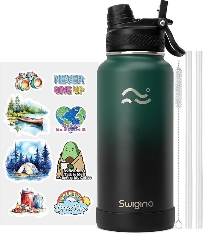 Insulated Water Bottle with Silicone Boot (36hrs Cold/18hrs Hot) - DIY Stickers, [2-in-1 Lid], BPA Free, 32 oz