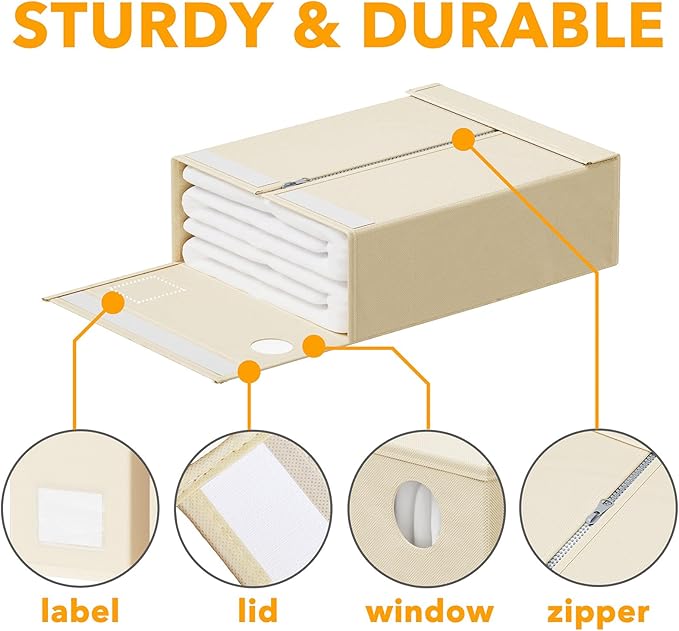 SpaceAid 4 Pack Bed Sheet Organizers and Storage, Foldable Sheet Organizer for Linen Closet, Sheets Set Folder Keeper with Window XL (Queen & King Size) Organizing Bedding Container, Beige