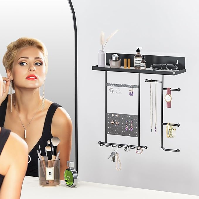 Wall Mounted Jewelry Organizer with Shelf: Metal Display Stand with Velvet Pad, Multi-Layer Necklace Hanging Rack for Bedroom Bathroom Space Saving No-Drill Wall Decor