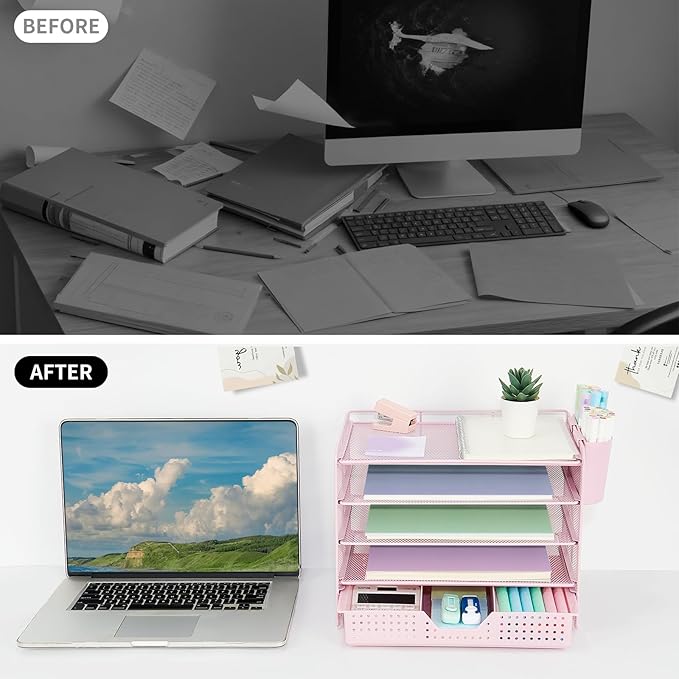 Desk Organizers and Accessories, 5-Tier Paper Letter Tray Organizer with Drawer & 2 Pen Holders, Desktop Organizer for Office Supplies (Pink)
